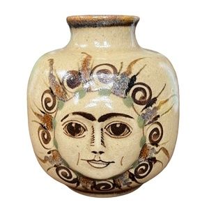 VTG Carlos Villanueva Signed Mexican Folk Art Pottery Tonala Sun Face Vase EUC